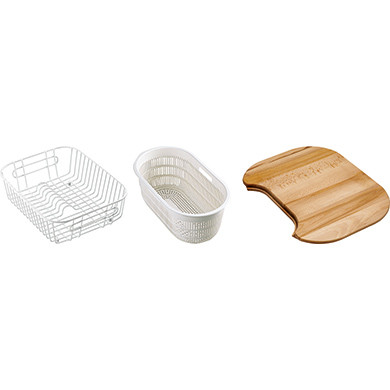 An image of Franke EUX/CRX/CPX Accpack B Consisting of a Basket, Strainer and Wooden Board 1...
