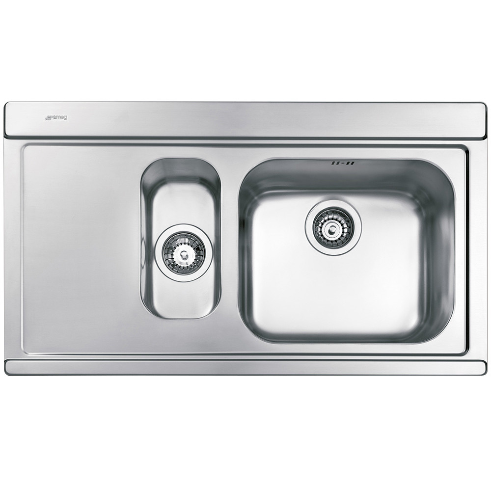 An image of Smeg LI915SG Iris One + Half Bowl Kitchen Sink With Drainer - Silver Glass